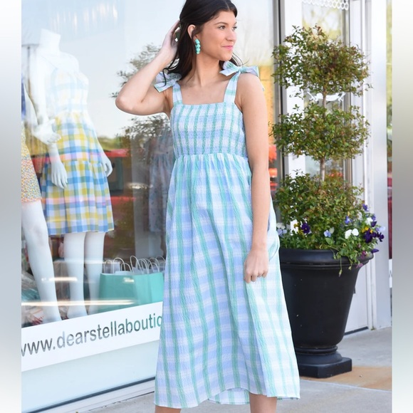 NWT THML Check Smocked Midi Dress size medium lt blue and green - Picture 2 of 15